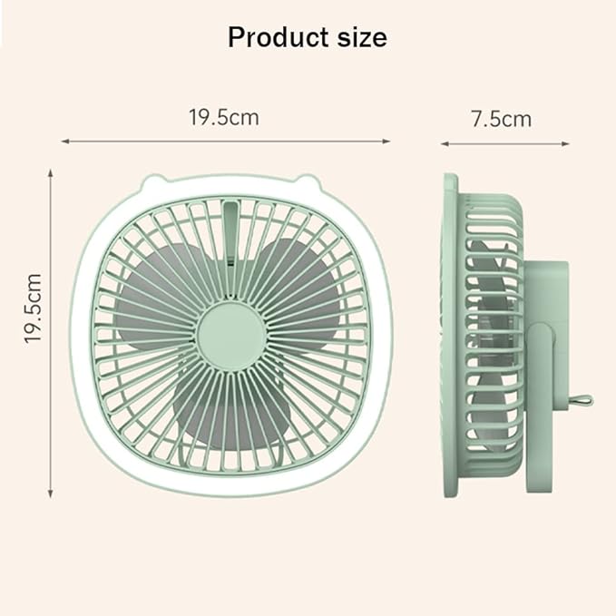 Wisada USB Desk Fan with Lamp & Hook, 3-Speed, 1200mAh, Ultra-Quiet, 360° Rotation (White)