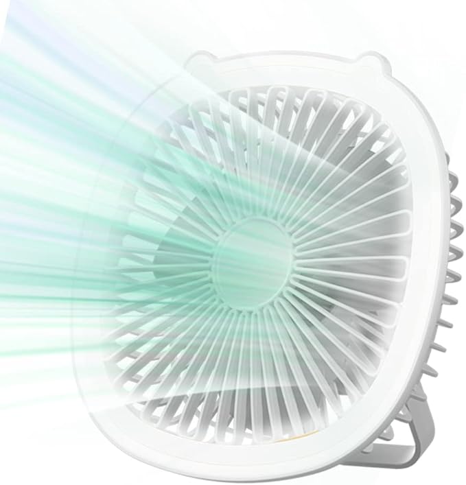 Wisada USB Desk Fan with Lamp & Hook, 3-Speed, 1200mAh, Ultra-Quiet, 360° Rotation (White)