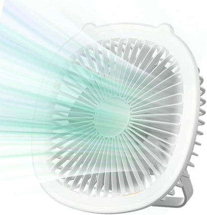 Wisada USB Desk Fan with Lamp & Hook, 3-Speed, 1200mAh, Ultra-Quiet, 360° Rotation (White)