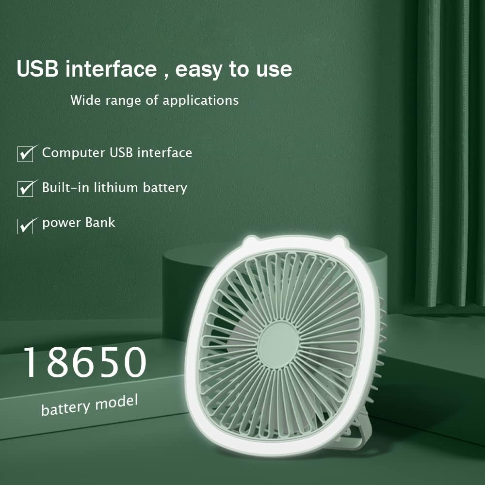Wisada USB Desk Fan with Lamp & Hook, 3-Speed, 1200mAh, Ultra-Quiet, 360° Rotation (White)