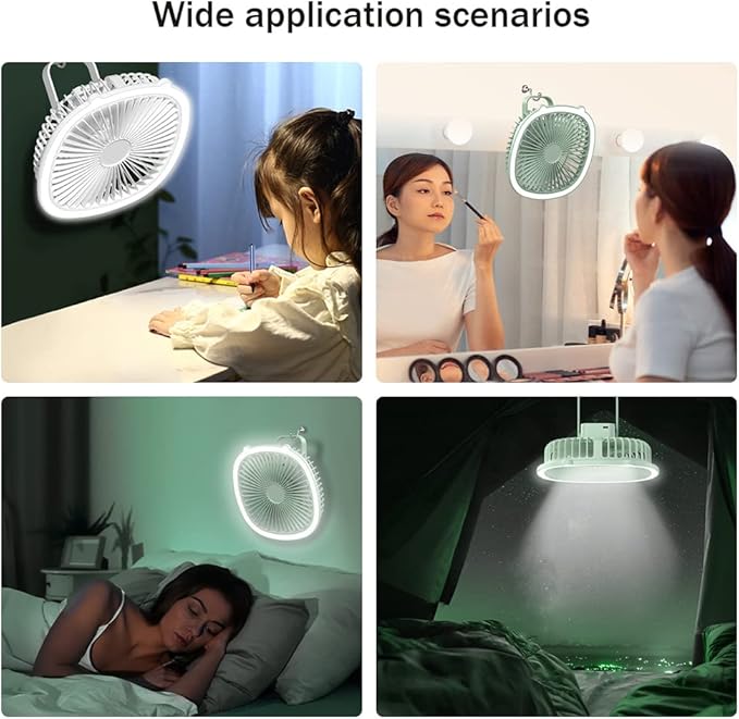 Wisada USB Desk Fan with Lamp & Hook, 3-Speed, 1200mAh, Ultra-Quiet, 360° Rotation (White)