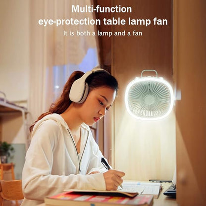 Wisada USB Desk Fan with Lamp & Hook, 3-Speed, 1200mAh, Ultra-Quiet, 360° Rotation (White)